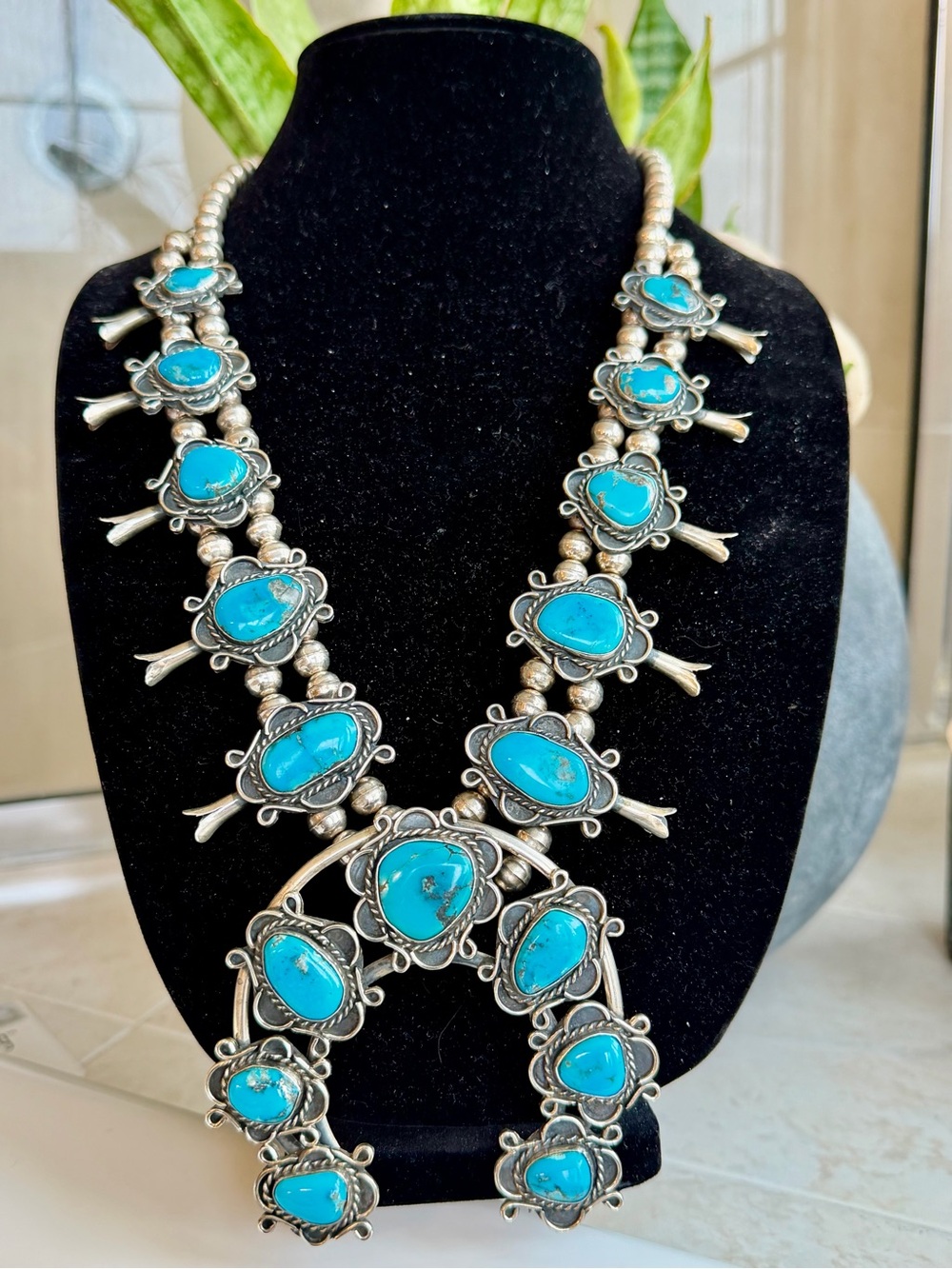 Sterling silver turquoise squash blossom necklace